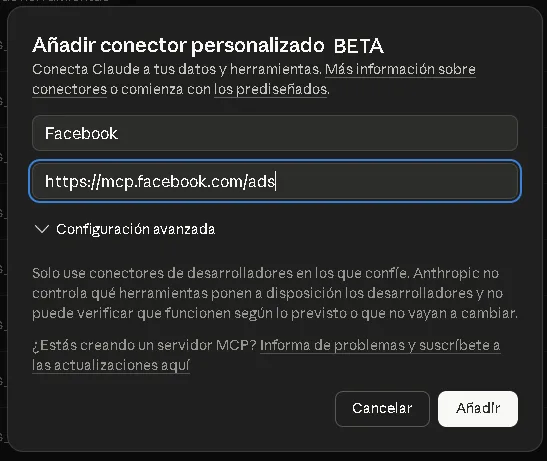 Configuración del conector personalizado de Facebook en Claude